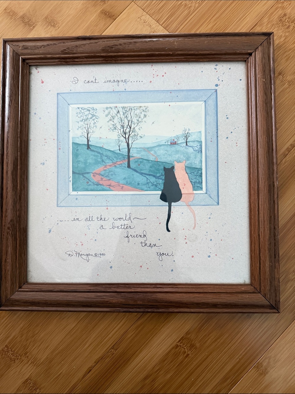 Framed 'I Can't Imagine' Cat Art Print in Blue and Pink